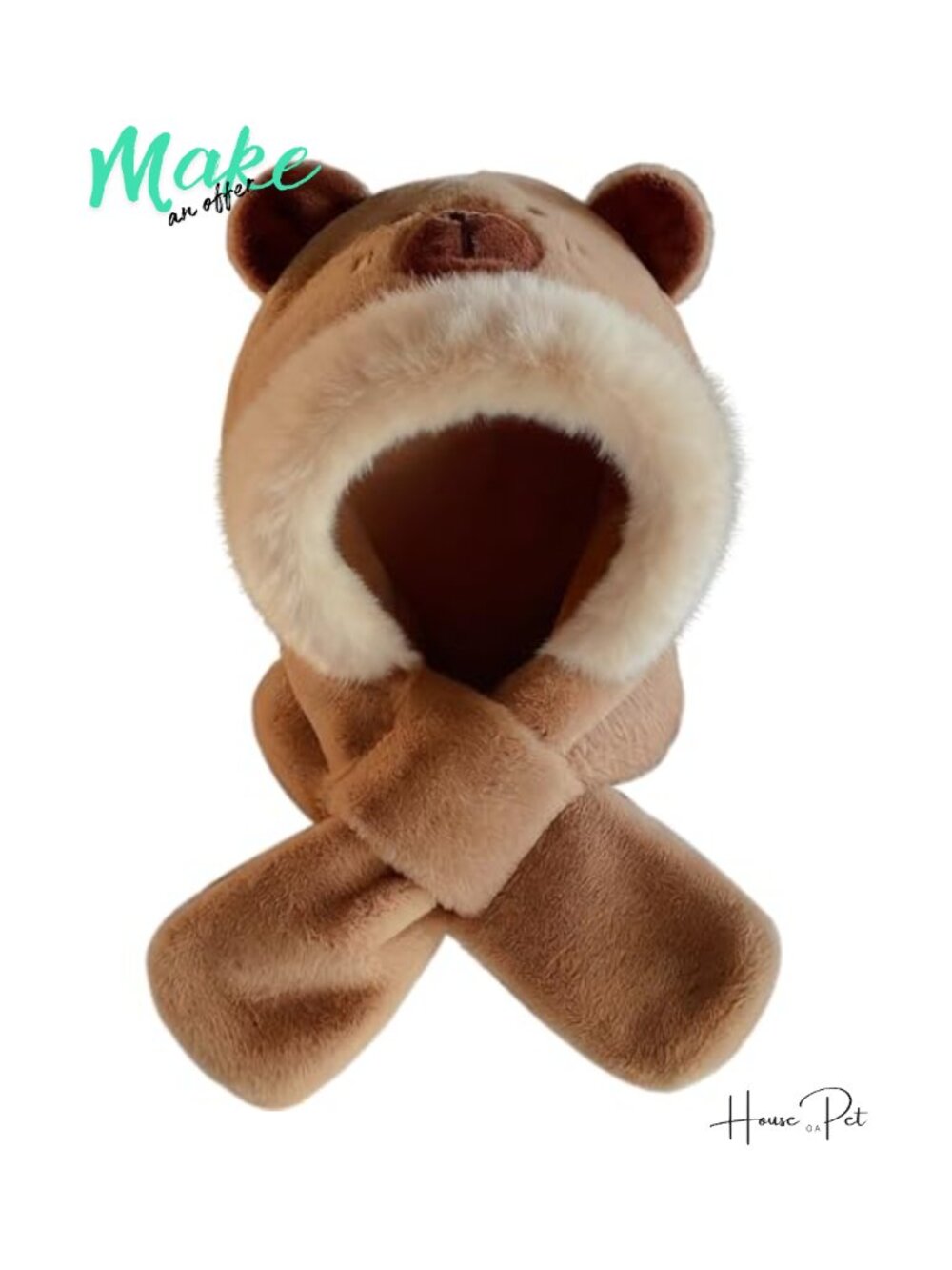 Plush Capybara Hooded Scarf Hat 2-in-1 Faux Fur Bear Ears Winter Warm
